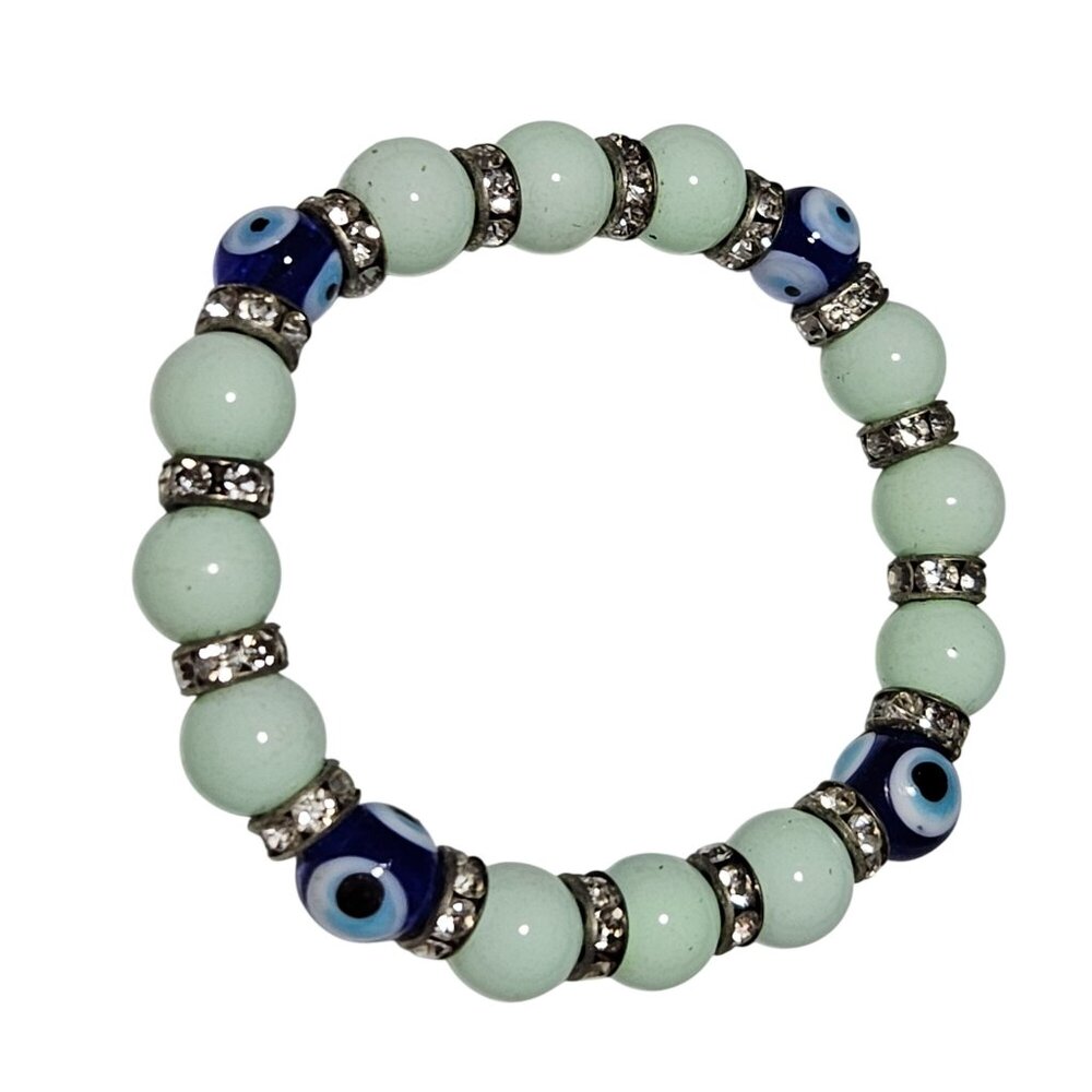 Evil Eye Beaded Stretch Bracelet Rhinestone Accents Mint Green Blue Beads Women